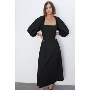 Zara Voluminous Balloon Sleeve Square Neck Midi Dress Black Size M